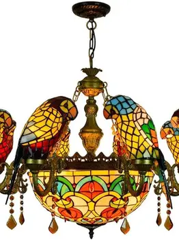 Витражное стъкло handelier лампи в стил Тифани Окачен лампа с купольным абажуром Окачване 8 Parrot Класически ретро дизайн за помещения